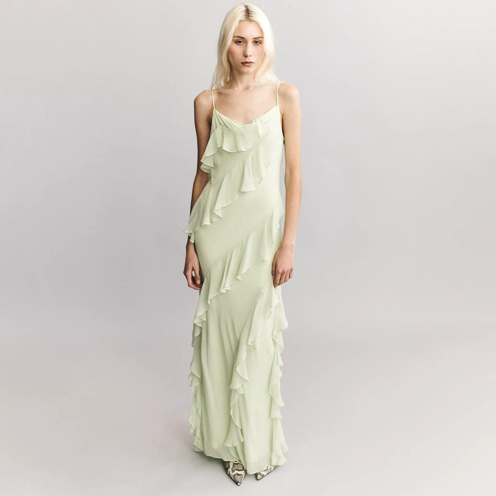 ZARA Summer Vacation Beach Maxi Dress Lemon Green Tea Ruffle Spaghetti Strap